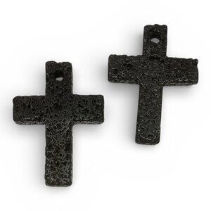 Lot of 2 Large Black Lava Stone Cross Pendants Gothic Witchy Altar Decor Pagan